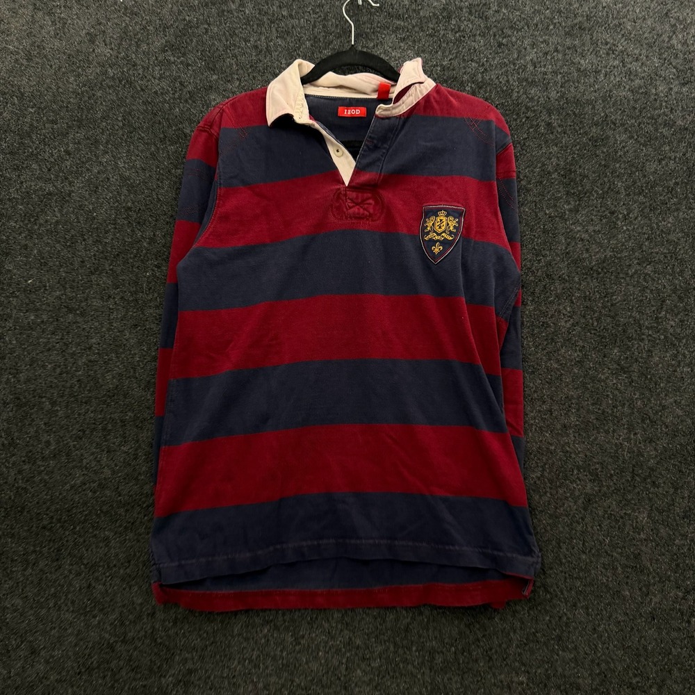 IZOD Mens Vintage Long Sleeve Rugby Shirt Burgundy Navy Blue Striped Crest Small